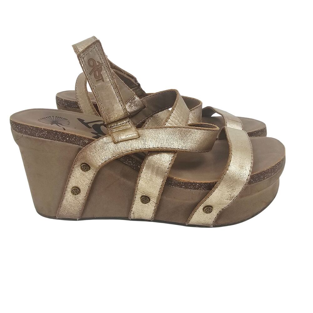 OTBT Sail Leather Strappy Wedge Sandal Gold Womens 10 M Boho Beachy Bohemian